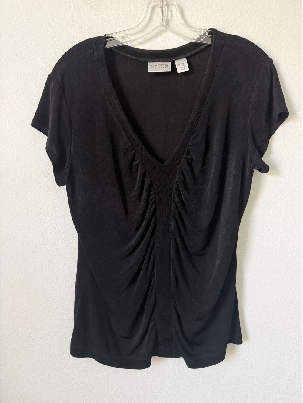 Chico’s Travelers Short Sleeve V-Neck Ruched Front Blouse Women's Size 3 (XL)